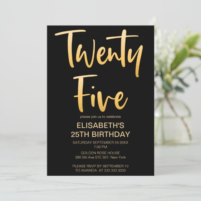 Invitación Moderno Elegante Simple Black 25TH Birthday Party (Anverso de pie)