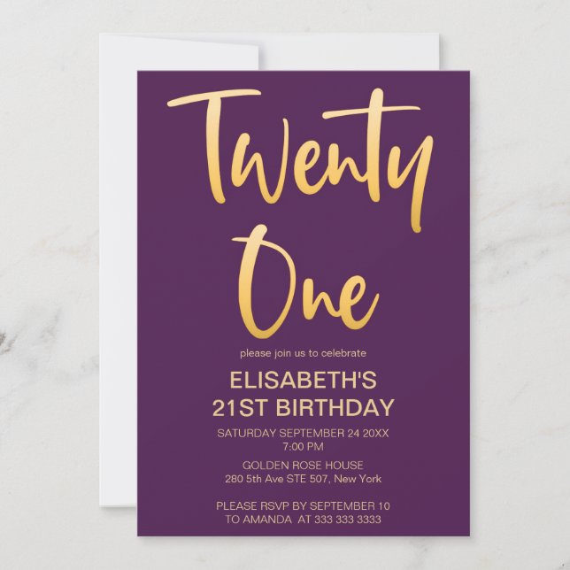 Invitación Moderno Elegante Simple Púrpura 21 Fiesta de Cumpl (Anverso)