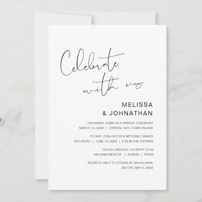 Invitación Moderno Elopement Boda, celebra con nosotros (Anverso)