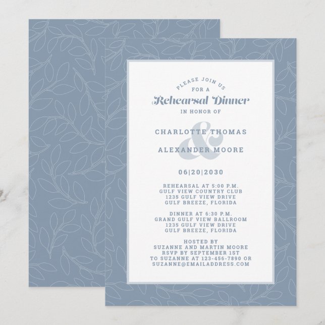 Invitación Moderno ensayo de Boda blanco azul turbio (Anverso / Reverso)