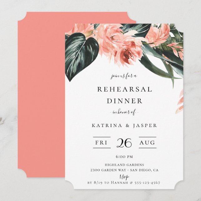 Invitación Moderno ensayo de coral floral tropical cena (Anverso / Reverso)
