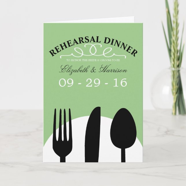 Invitación Moderno ensayo de cubiertos negros Boda Cena (Anverso)