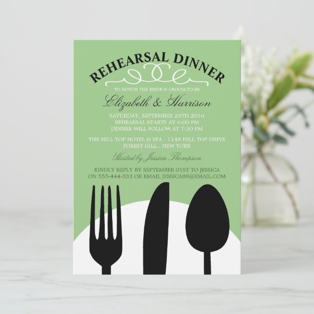 Invitación Moderno ensayo de cubiertos negros Boda Cena (Anverso de pie)