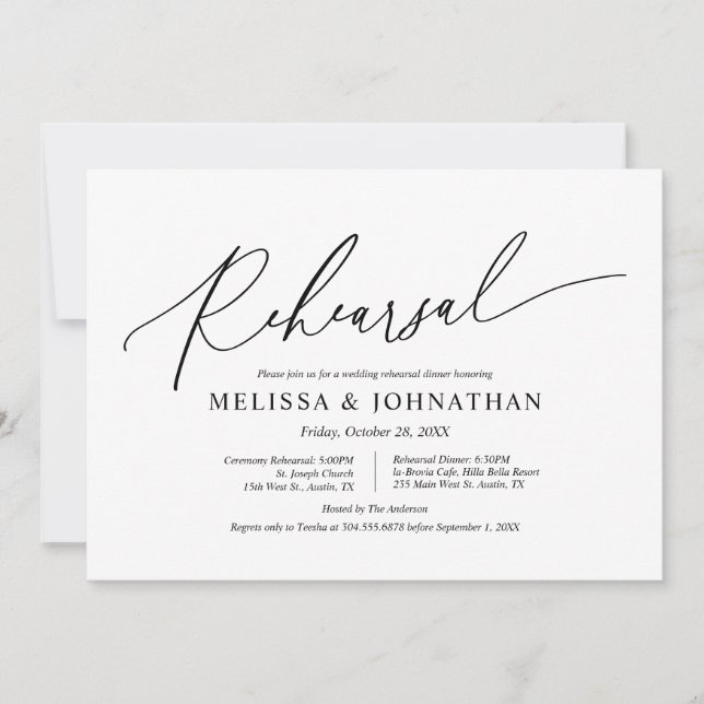 Invitación Moderno ensayo Minimalista, Boda y cena en (Anverso)