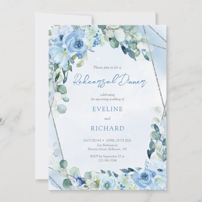 Invitación Moderno ensayo plateado de flores azul pastel y bl (Anverso)