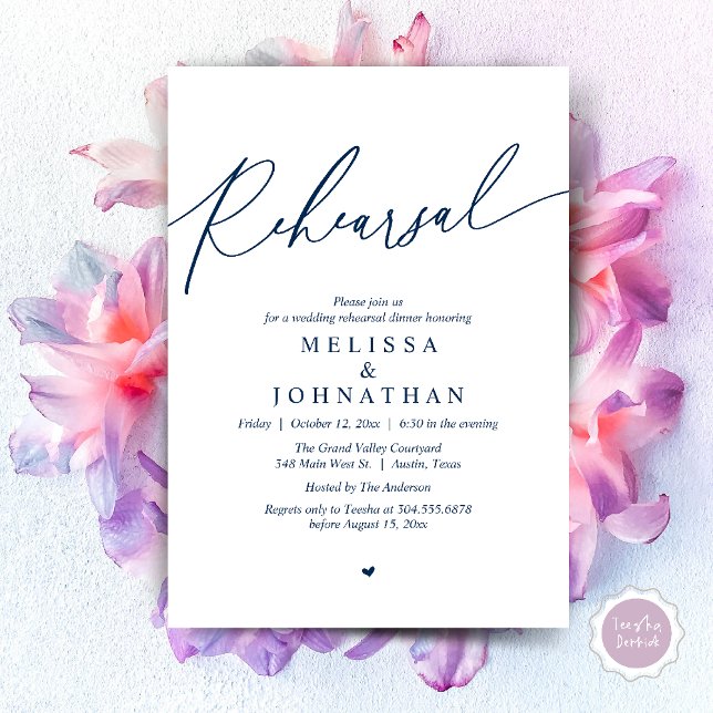 Invitación Moderno ensayo romántico Boda cena (Modern Romantic Wedding Rehearsal Dinner Dancing Invitation Card PDF Navy Blue)