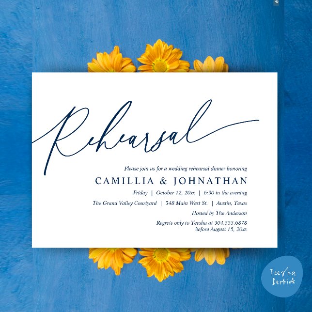 Invitación Moderno ensayo romántico Boda cena (Modern Romantic Wedding Rehearsal Dinner Dancing Invitation Card PDF Navy Blue)