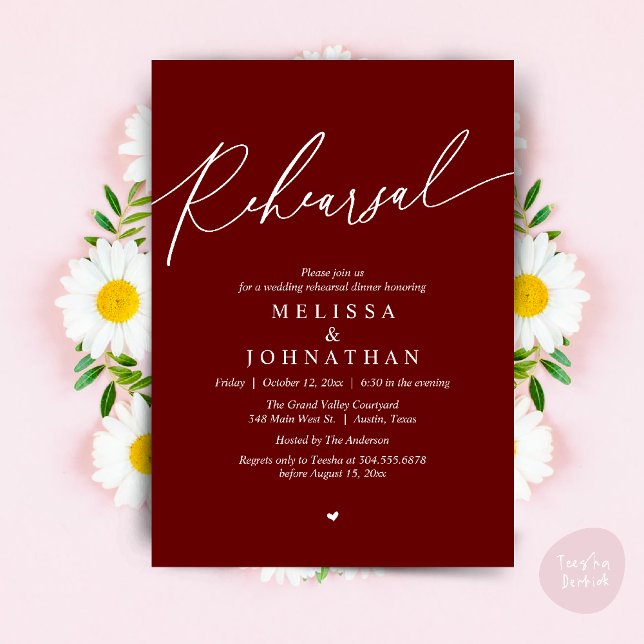 Invitación Moderno ensayo romántico Boda cena (Modern Romantic Wedding Rehearsal Dinner Dancing Invitation Card PDF Aesthetic Burgundy wine red)