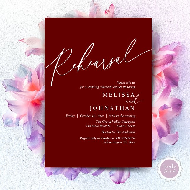 Invitación Moderno ensayo romántico Boda cena (Modern Romantic Wedding Rehearsal Dinner Dancing Invitation Card PDF Aesthetic Burgundy wine red)