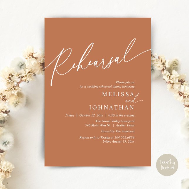 Invitación Moderno ensayo romántico Boda cena (Modern Romantic Wedding Rehearsal Dinner Dancing Invitation Card PDF Aesthetic Copper Brown )
