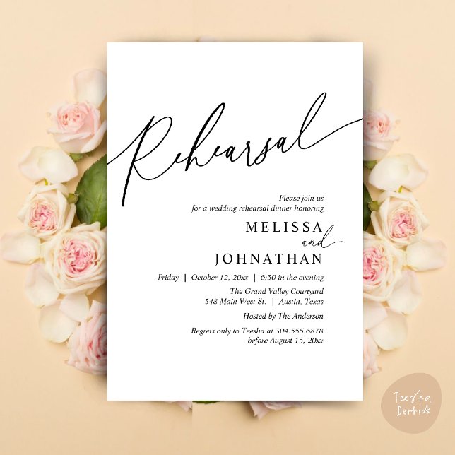 Invitación Moderno ensayo romántico Boda cena (Modern Romantic Wedding Rehearsal Dinner Dancing Invitation Card PDF White Black)