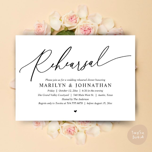 Invitación Moderno ensayo romántico-romántico Boda de cena (Modern Romantic Wedding Rehearsal Dinner Dancing Invitation Card PDF White Black)
