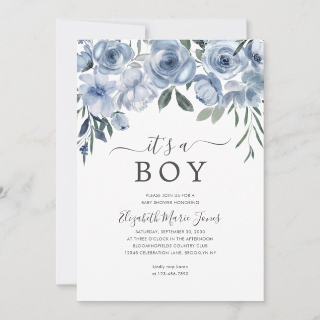 Invitación Moderno es un Baby Shower floral azul de niño desl (Anverso)