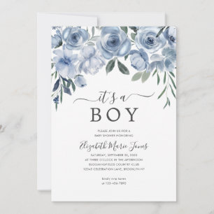 Invitación Moderno es un Baby Shower floral azul de niño desl