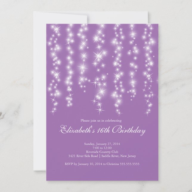 Invitación Moderno Esparkle Morado Dulce Fiesta de Cumpleaños (Anverso)