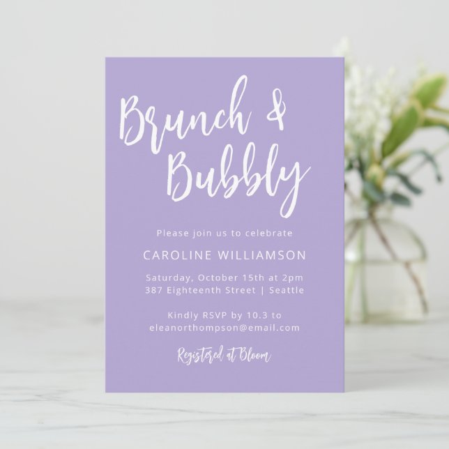 Invitación Moderno estilo Script Brunch Bubbly Shower Lavanda (Anverso de pie)