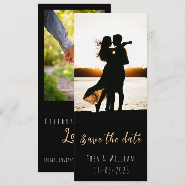 Invitación Moderno estrecho 2 fotos Save the Date (Anverso / Reverso)