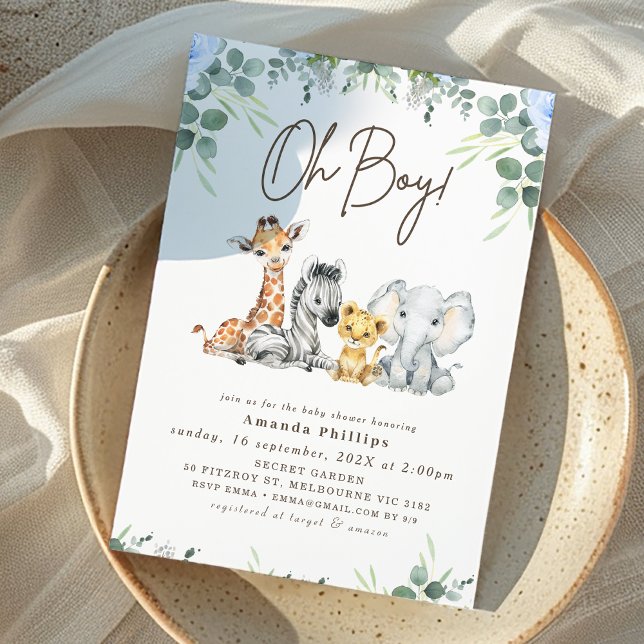 Invitación Moderno eucalipto Azul Foliage Safari Baby Shower (Boys Blue Floral and Foliage Safari Baby Shower Invitation, Jungle Animals Baby Shower Invitation)