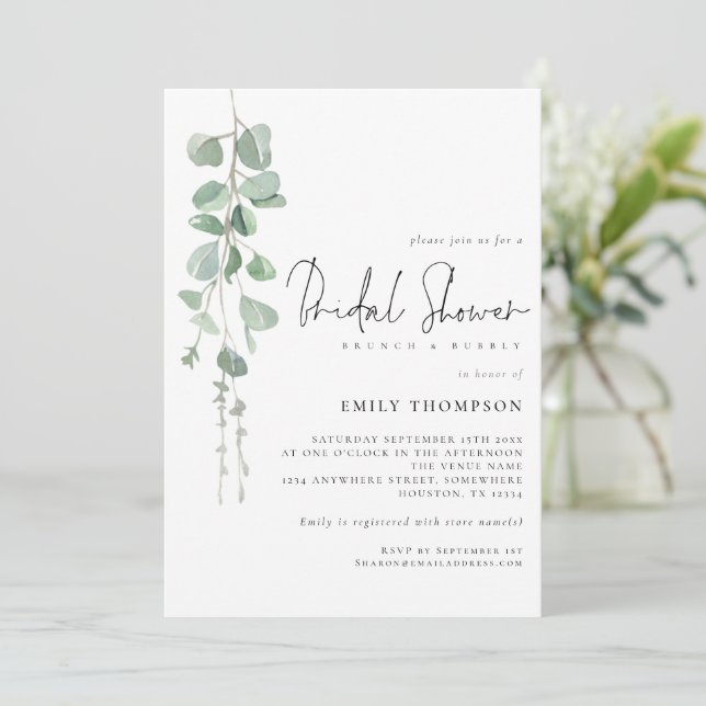 Invitación Moderno Eucalyptus Brunch Bubbly Bridal Shower (Anverso de pie)