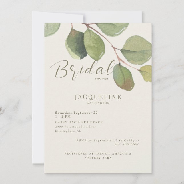 Invitación Moderno Eucalyptus Cream Gold Textos Ducha de novi (Anverso)