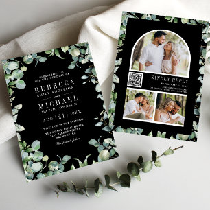 Invitación Moderno Eucalyptus Foto Código QR Boda negro