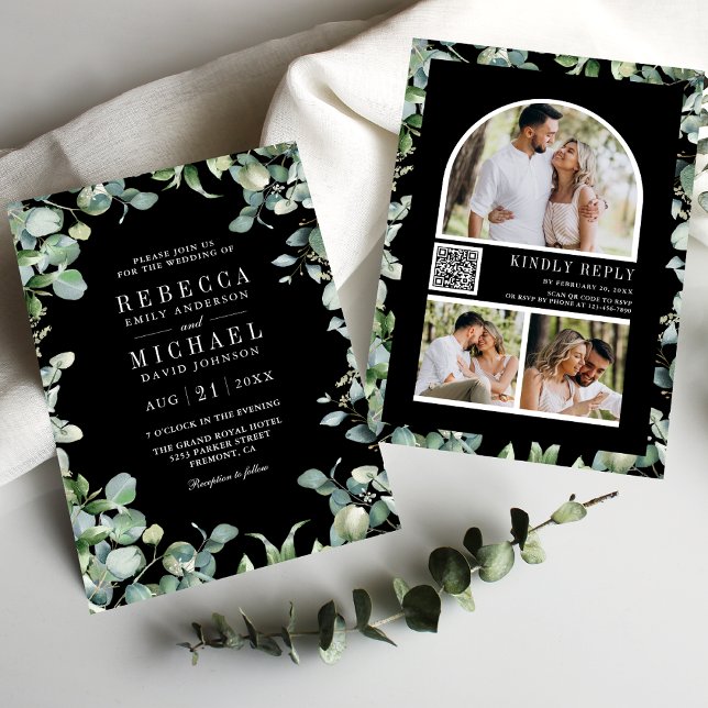 Invitación Moderno Eucalyptus Foto Código QR Boda negro (Subido por el creador)