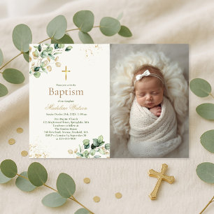 Invitación Moderno Eucalyptus Green Cross Photo Baptism