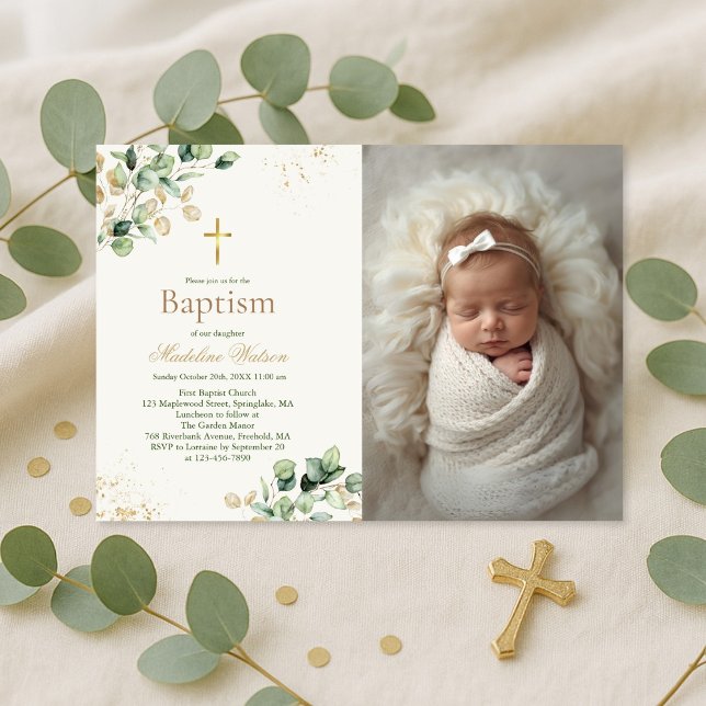 Invitación Moderno Eucalyptus Green Cross Photo Baptism (Subido por el creador)