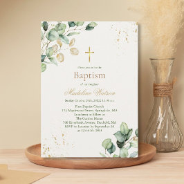 Invitación Moderno Eucalyptus Greenerenery Gold Cross Baptism