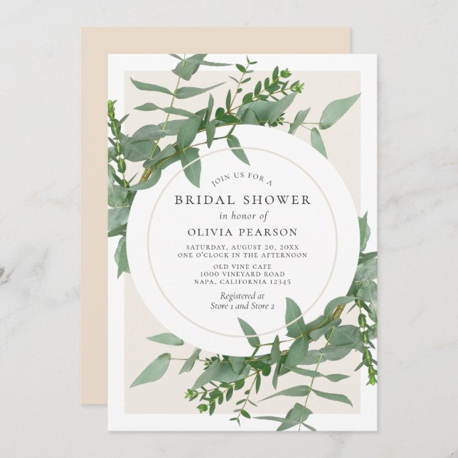 Invitación Moderno Eucalyptus Greenery Circle Bridal Shower (Anverso / Reverso)