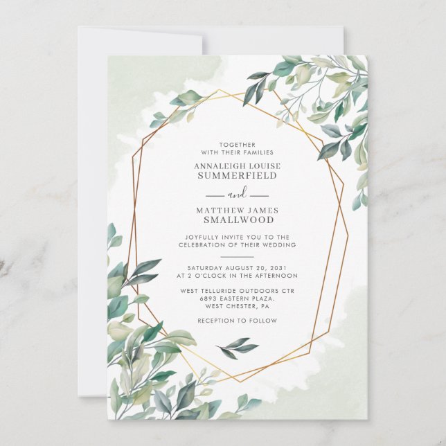 Invitación Moderno Eucalyptus Greenery Gold Boda Geométrico (Anverso)