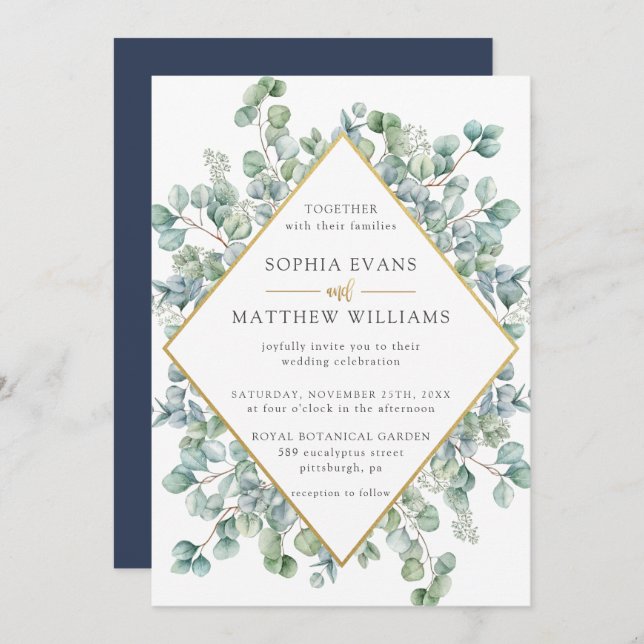 Invitación Moderno Eucalyptus Greenery Gold Frame Boda (Anverso / Reverso)
