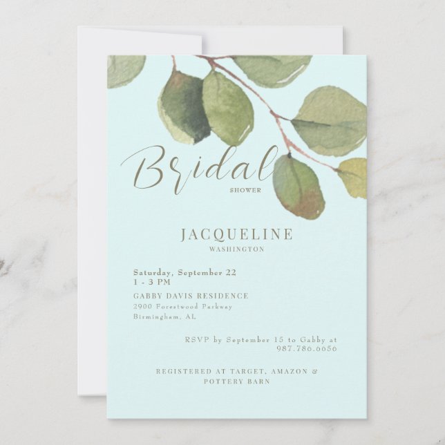 Invitación Moderno Eucalyptus Ice Blue Gold Textos Ducha de n (Anverso)