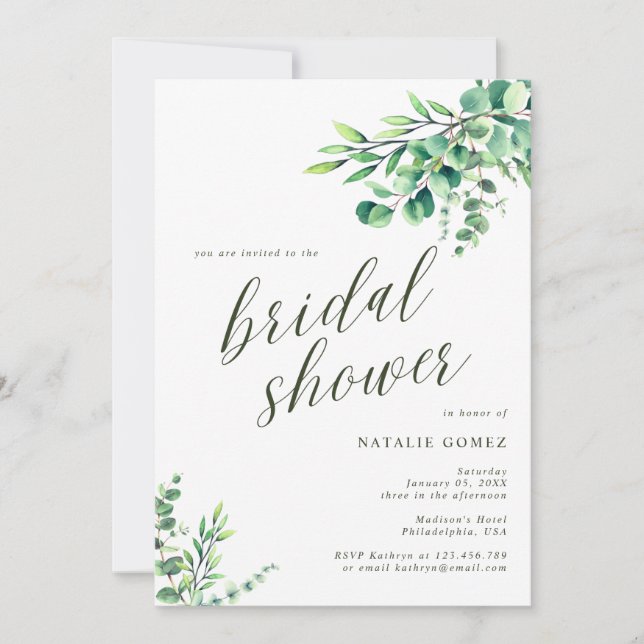 Invitación Moderno Eucalyptus Jardín de Verdor Bridal Ducha (Anverso)