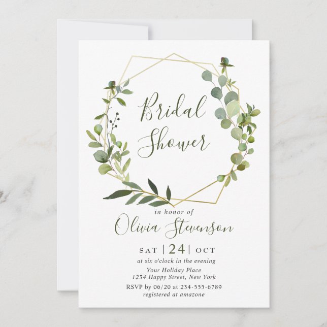 Invitación Moderno Eucalyptus Marco Geométrico Ducha Bridal (Anverso)