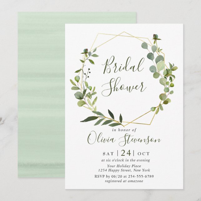 Invitación Moderno Eucalyptus Marco Geométrico Ducha Bridal (Anverso / Reverso)