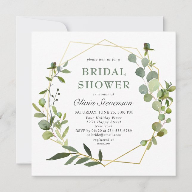 Invitación Moderno Eucalyptus Marco Geométrico Ducha Bridal (Anverso)