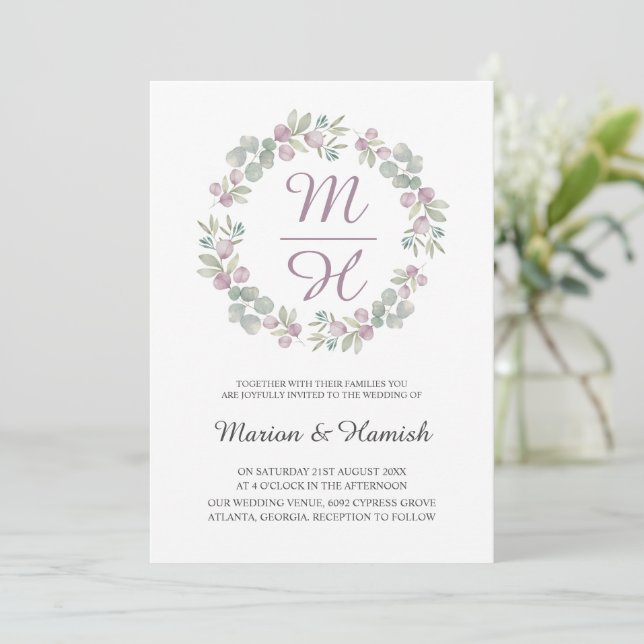 Invitación Moderno Eucalyptus Watercolor Wreath Boda (Anverso de pie)