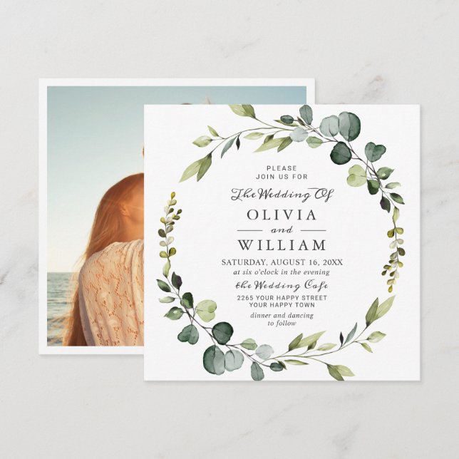 Invitación Moderno Eucalyptus Wreath Frame Boda FOTO (Anverso / Reverso)