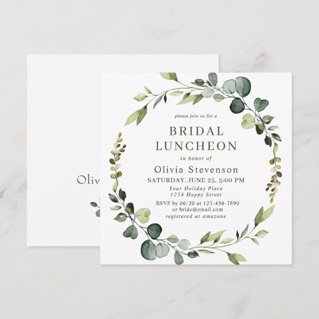 Invitación Moderno Eucalyptus Wreath Frame BRIDAL LUNCHEON (Anverso / Reverso)