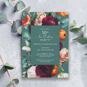 Invitación Moderno Fall Floral Verde azulado 50 cumpleaños