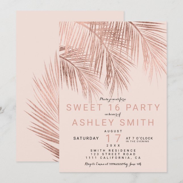 Invitación Moderno falso rosa dorado palmera rubor Sweet 16 (Anverso / Reverso)