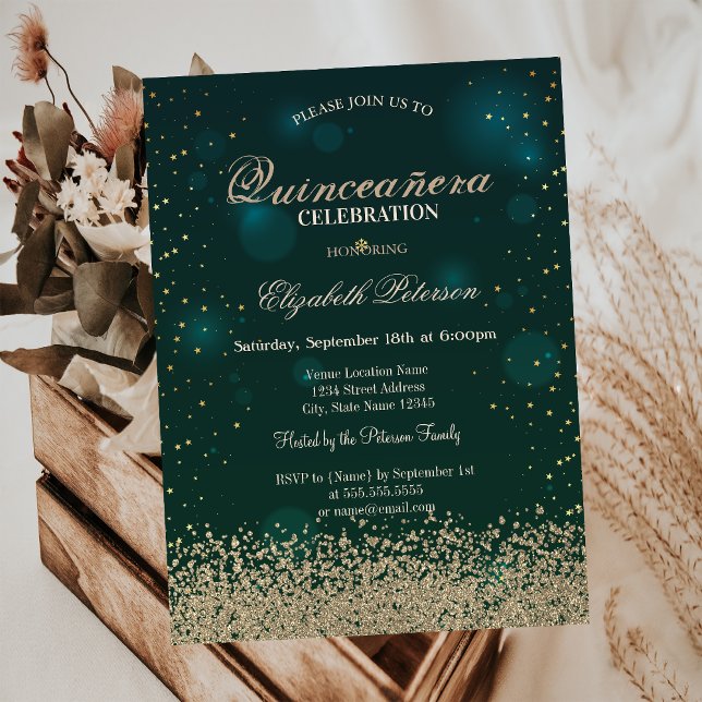 Invitación Moderno Faux Gold Diamonds Green Quinceañera (Subido por el creador)