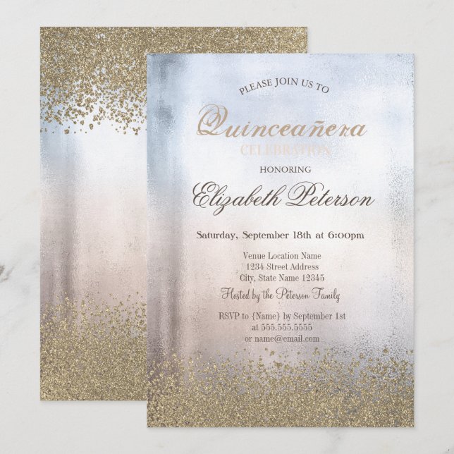 Invitación Moderno Faux Gold Diamonds Metallic Quinceañera (Anverso / Reverso)