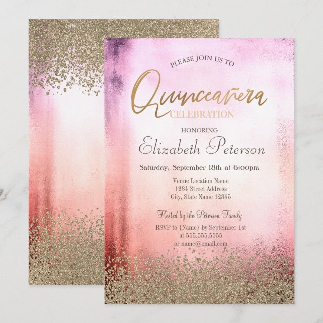 Invitación Moderno Faux Gold Diamonds Ombre Quinceañera (Anverso / Reverso)