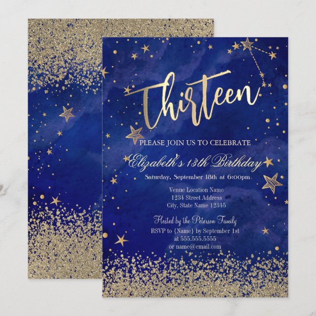Invitación Moderno Faux Gold Diamonds Stars Blue Trece (Anverso / Reverso)