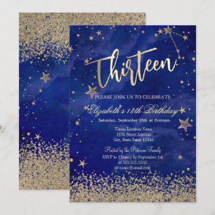 Invitación Moderno Faux Gold Diamonds Stars Blue Trece
