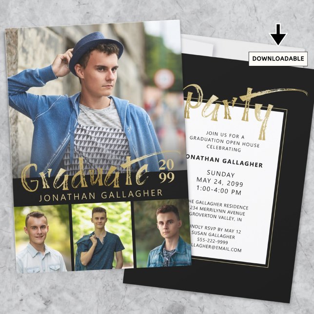 Invitación Moderno Faux Gold Metallic 4 Photo Graduation Part (Subido por el creador)