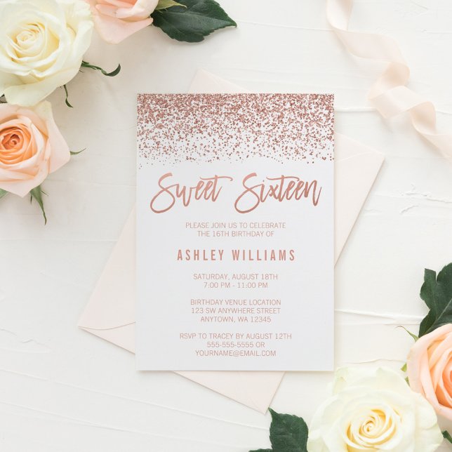 Invitación Moderno Faux Rosa Gold Purpurina Dulce 16 Cumpleañ (Subido por el creador)