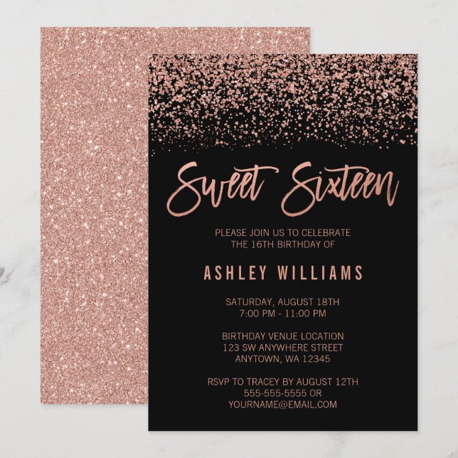 Invitación Moderno Faux Rosa Oro Purpurina Negro Dulce 16 (Anverso / Reverso)